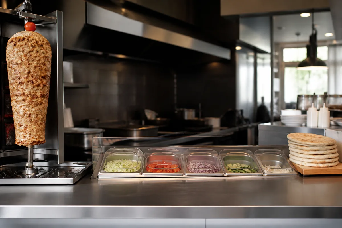 Broche verticale de döner kebab devant un brûleur, viande dorée en surface dans un comptoir de restauration rapide