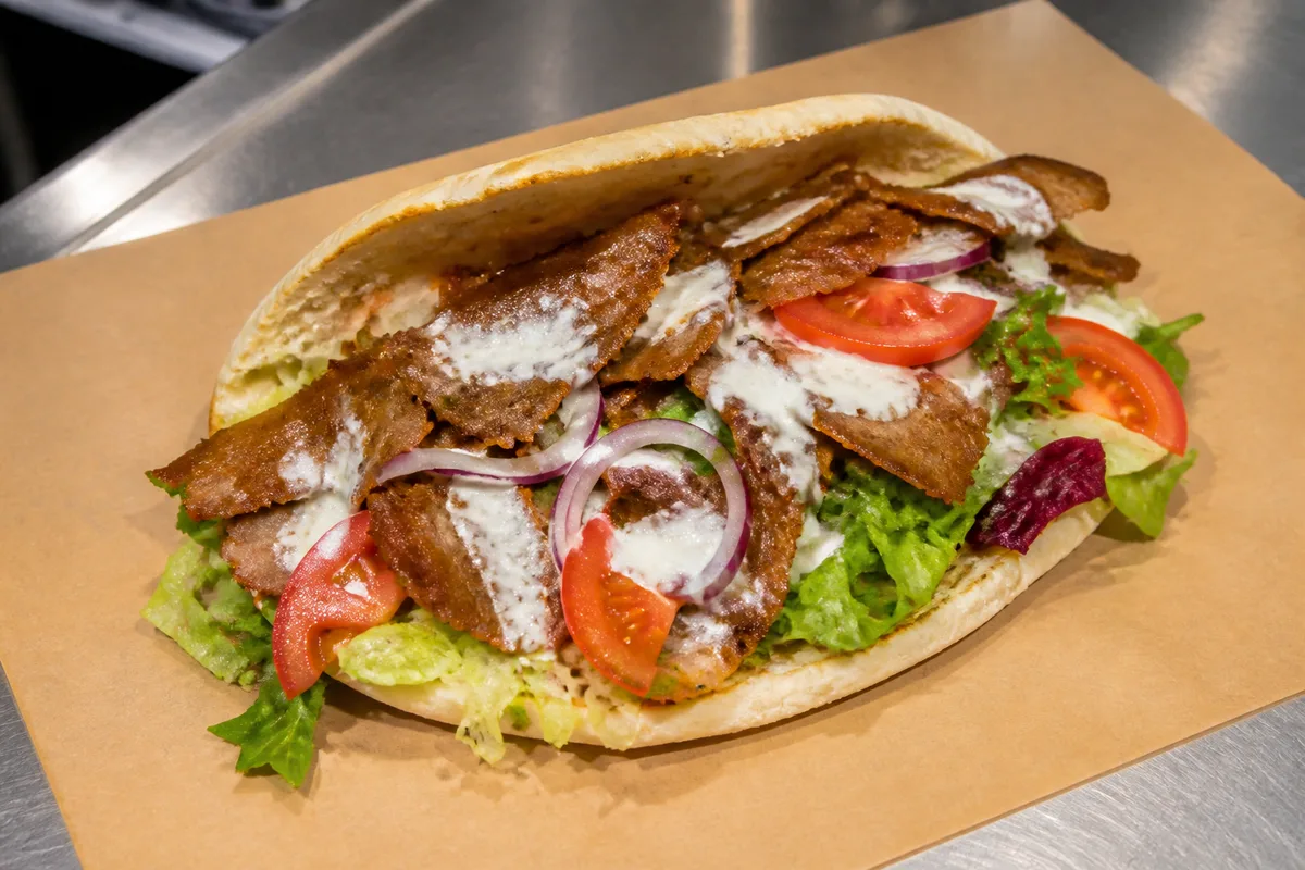 Pain plat garni de tranches de viande de kebab, salade et sauce, posé sur un papier au comptoir d&rsquo;un snack