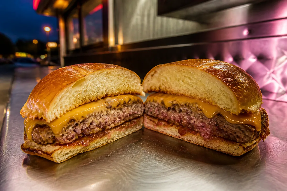 Burger de snack coupé en deux montrant le steak, le fromage fondu et le pain grillé