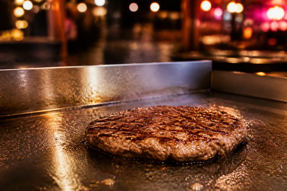 Steak haché en train de cuire sur une plancha professionnelle avec marques de saisie visibles