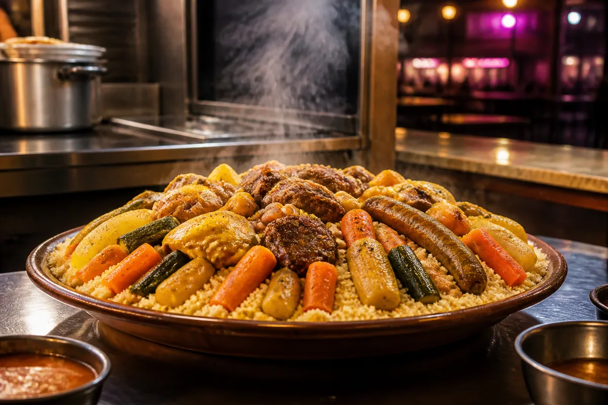 Grand plat de couscous garni de légumes et de viandes posé sur une table familiale