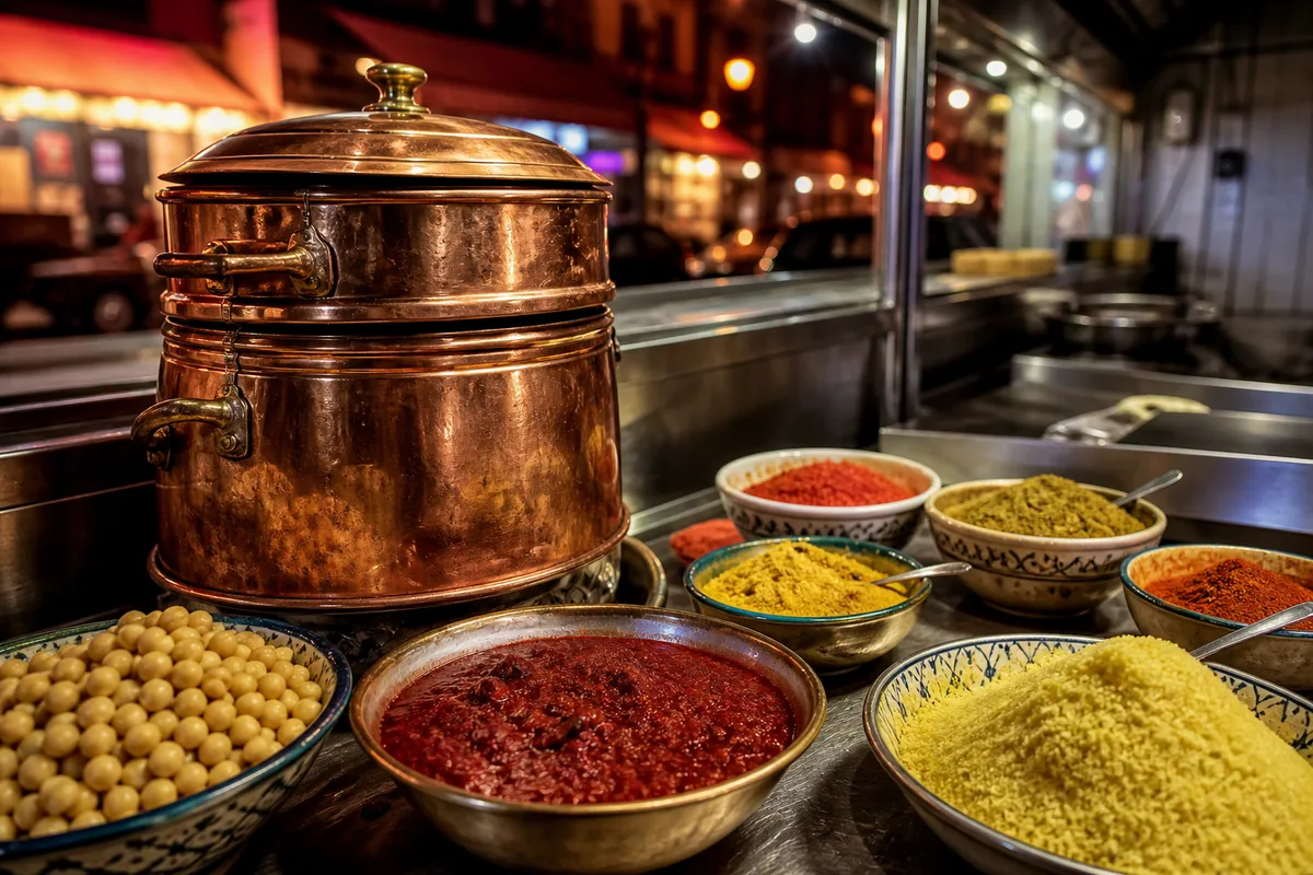 Bols d&rsquo;épices, harissa et pois chiches disposés autour d&rsquo;un couscoussier en cuivre