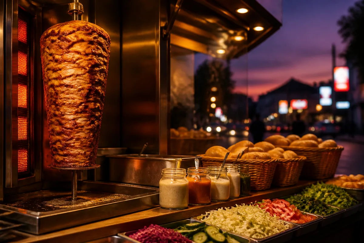 Comptoir de snack avec broche verticale, vitrine chaude et ardoise de menu