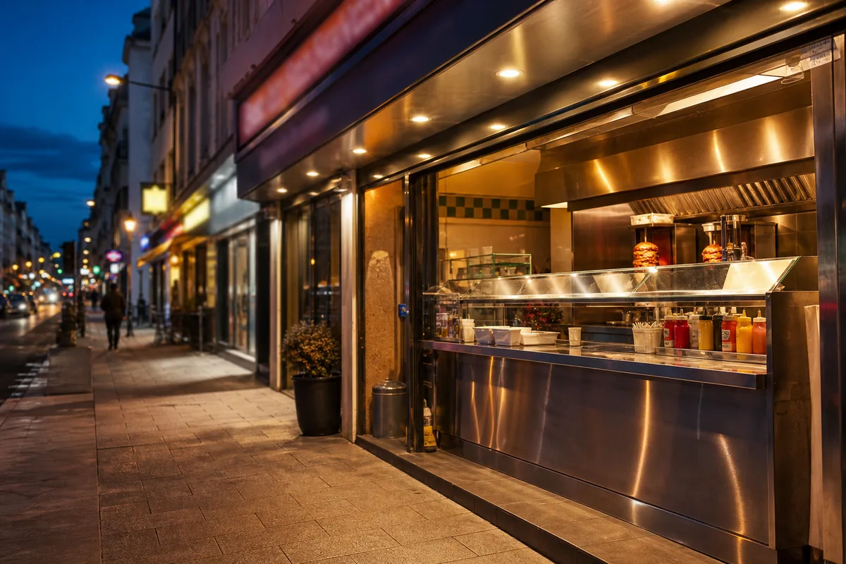 Rue commerçante du centre-ville de Saint-Nazaire en soirée avec des devantures de snacks éclairées