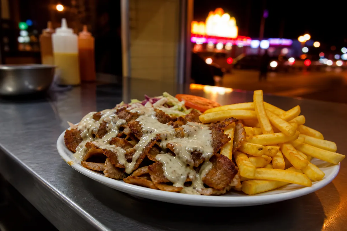 Assiette de kebab avec frites fraîches et sauce blanche posée sur un comptoir en inox