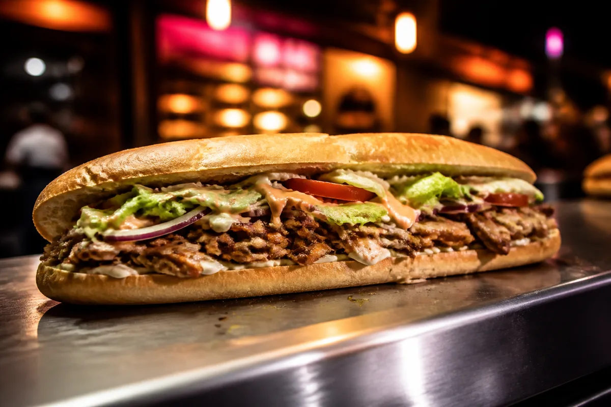 Sandwich XXL posé en longueur sur un plan de travail de snack, garniture débordante