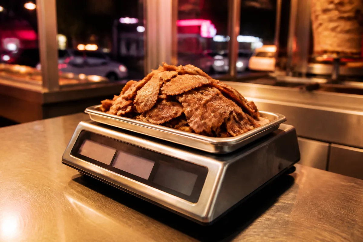 Balance de cuisine professionnelle avec portion de viande de kebab pesée sur un comptoir inox