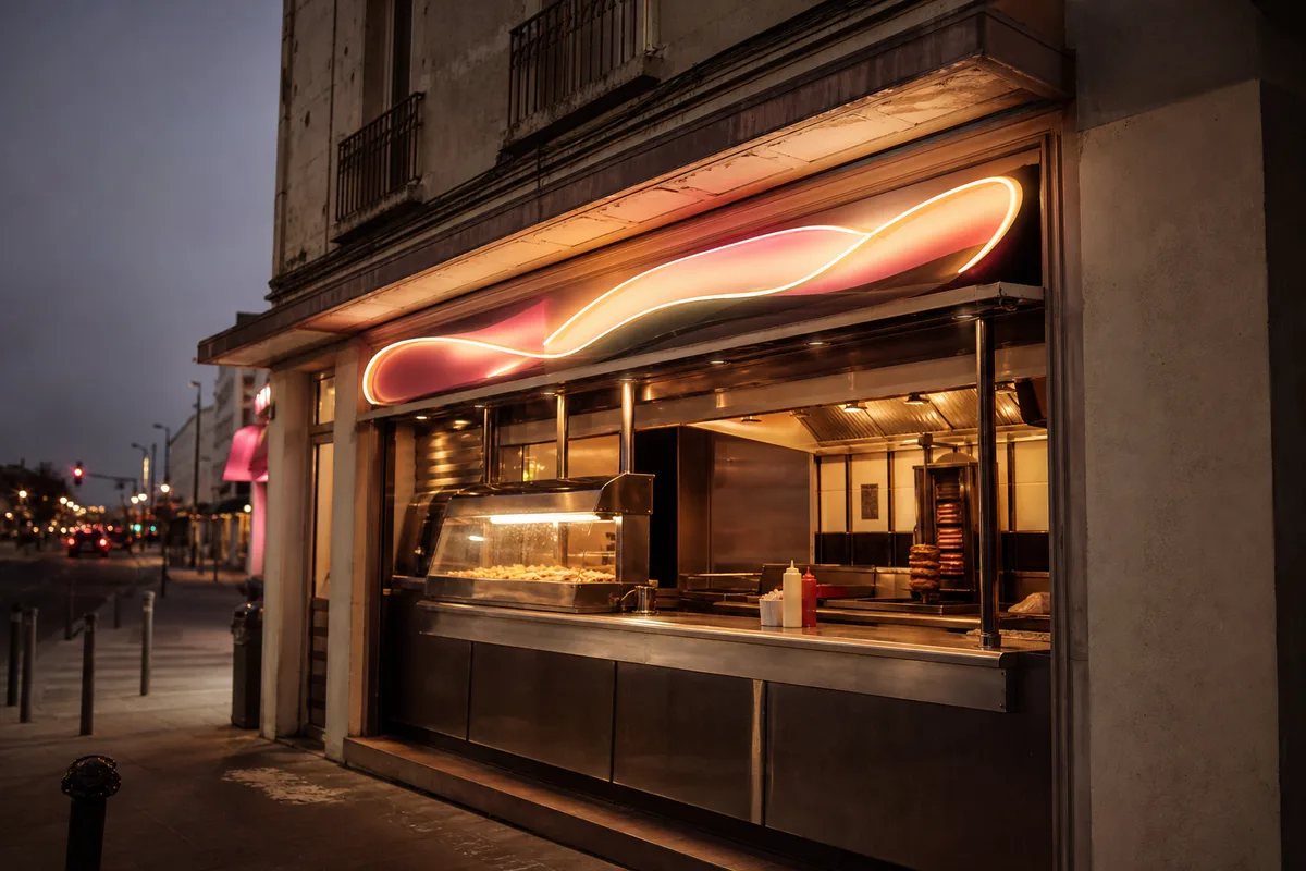 Devanture ancienne d’un snack de quartier à Saint-Nazaire avec enseigne lumineuse et comptoir visible
