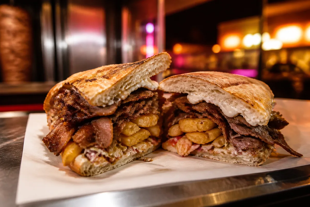 Sandwich chaud surdimensionné coupé en deux sur un papier de comptoir, viande et frites visibles