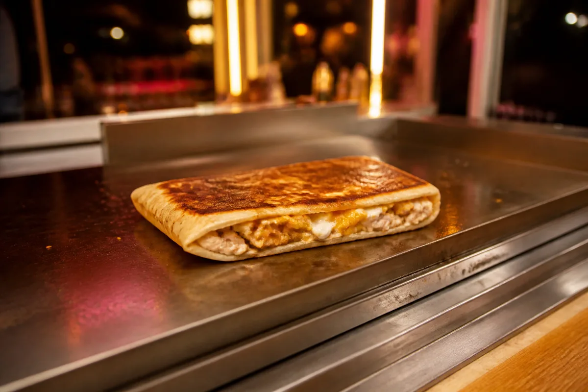 Tacos français rectangulaire posé sur une plaque chauffante dans un snack, garniture visible sur le côté