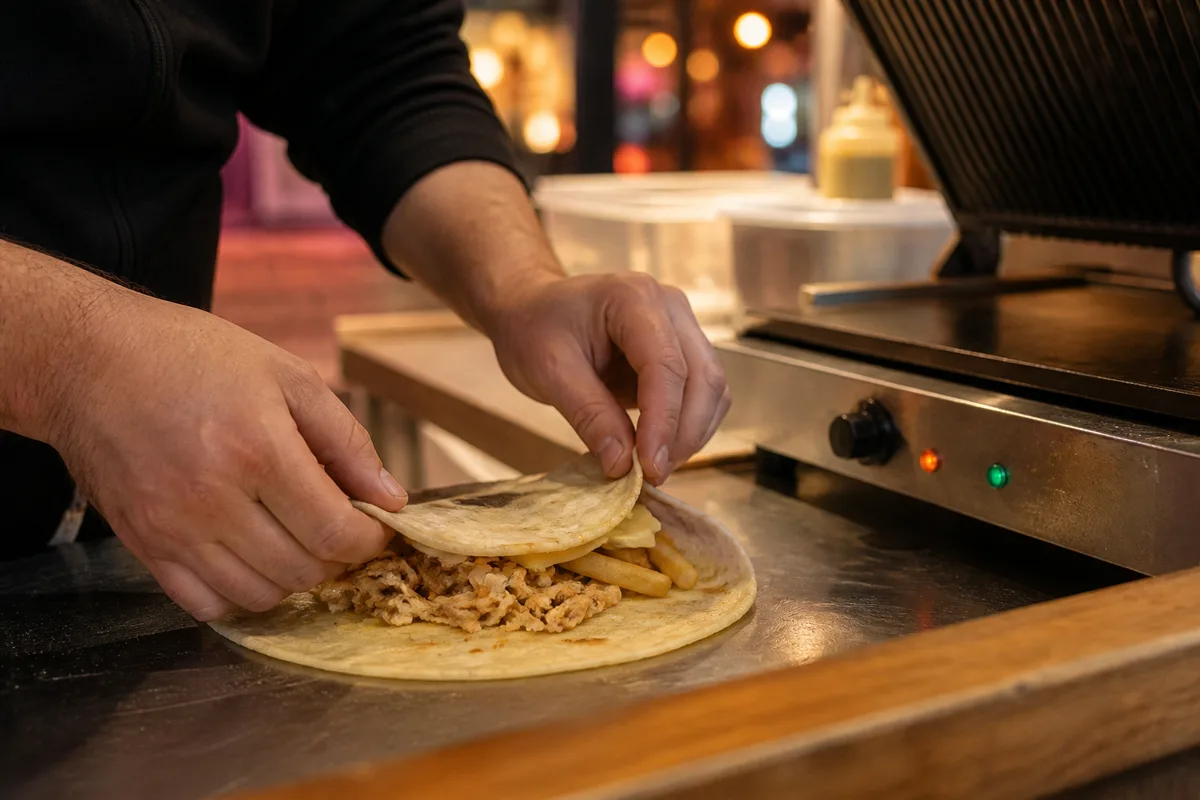 Mains d’un cuisinier repliant une galette de tacos avant passage sous la presse chauffante