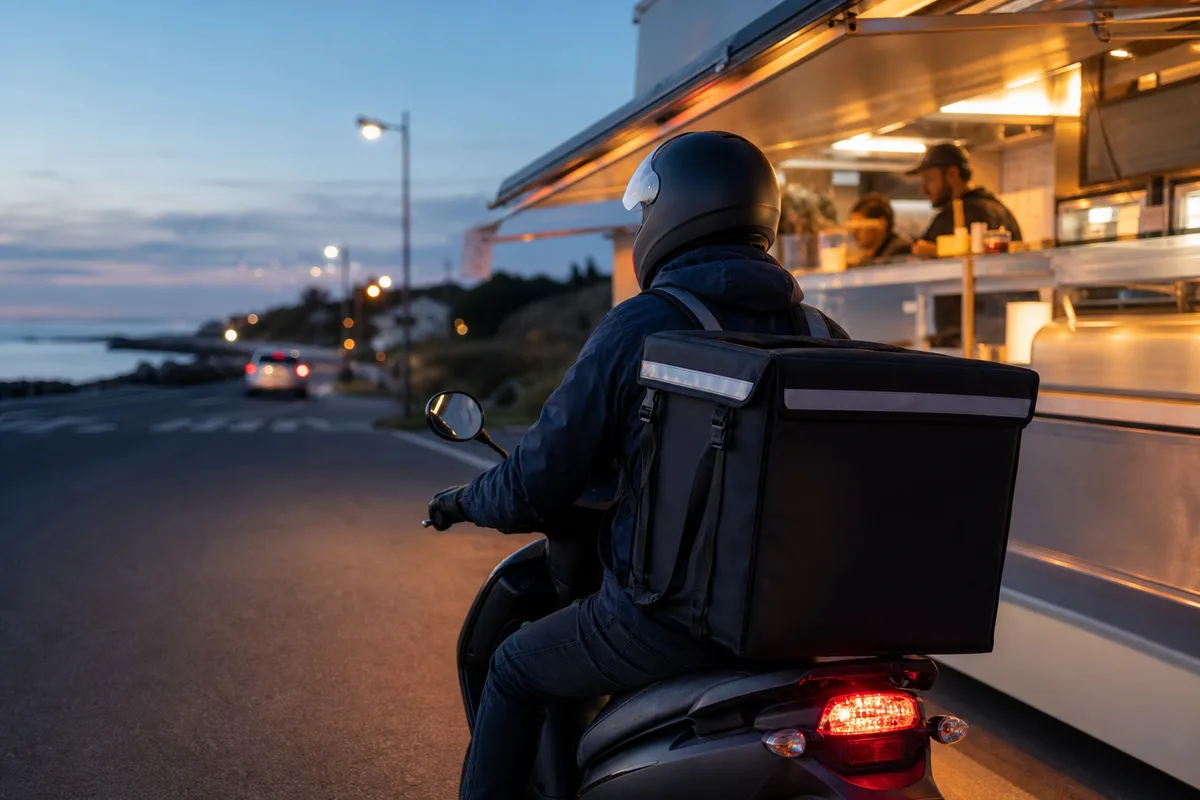 Livreur à scooter sur une route côtière de la presqu’île guérandaise avec sac de transport isotherme