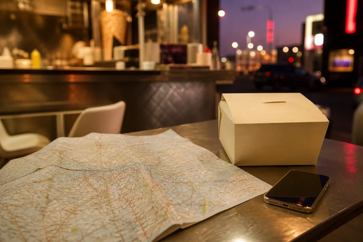 Carte routière étalée sur une table avec un carton de repas et un téléphone posé à côté