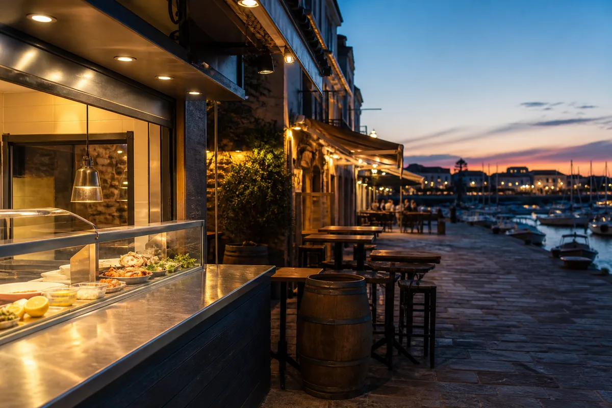 Port de Piriac-sur-Mer en fin de journée avec terrasses et devantures de restaurants le long du quai